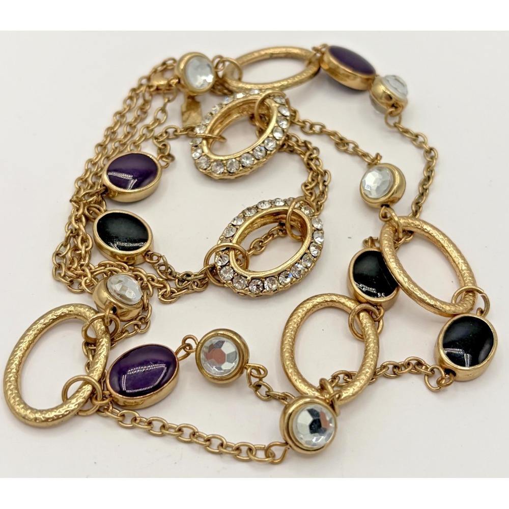 J Lo Gold Tone Black Plum Oval Cabochon Long Station Layering Necklace